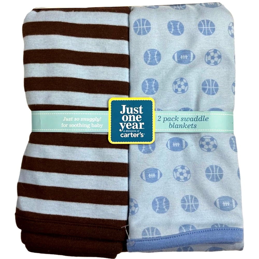 Carter's Just One Year Baby Swaddle Blanket Blue Sports Brown Stripe Stretchy